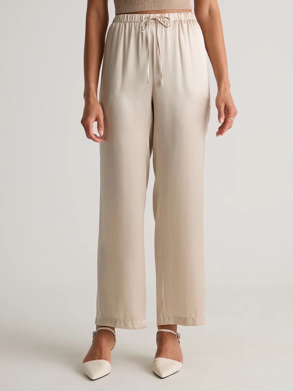 QUINCE 100% WASHABLE SILK DRAWSTRING WIDE LEG PANTS IN CHAMPAGNE - Picture 7 of 12